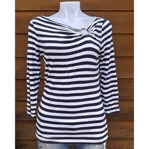 Michael Kors Blue Striped Sailing Style Top Gold Keyhole Detail Shirt Size L